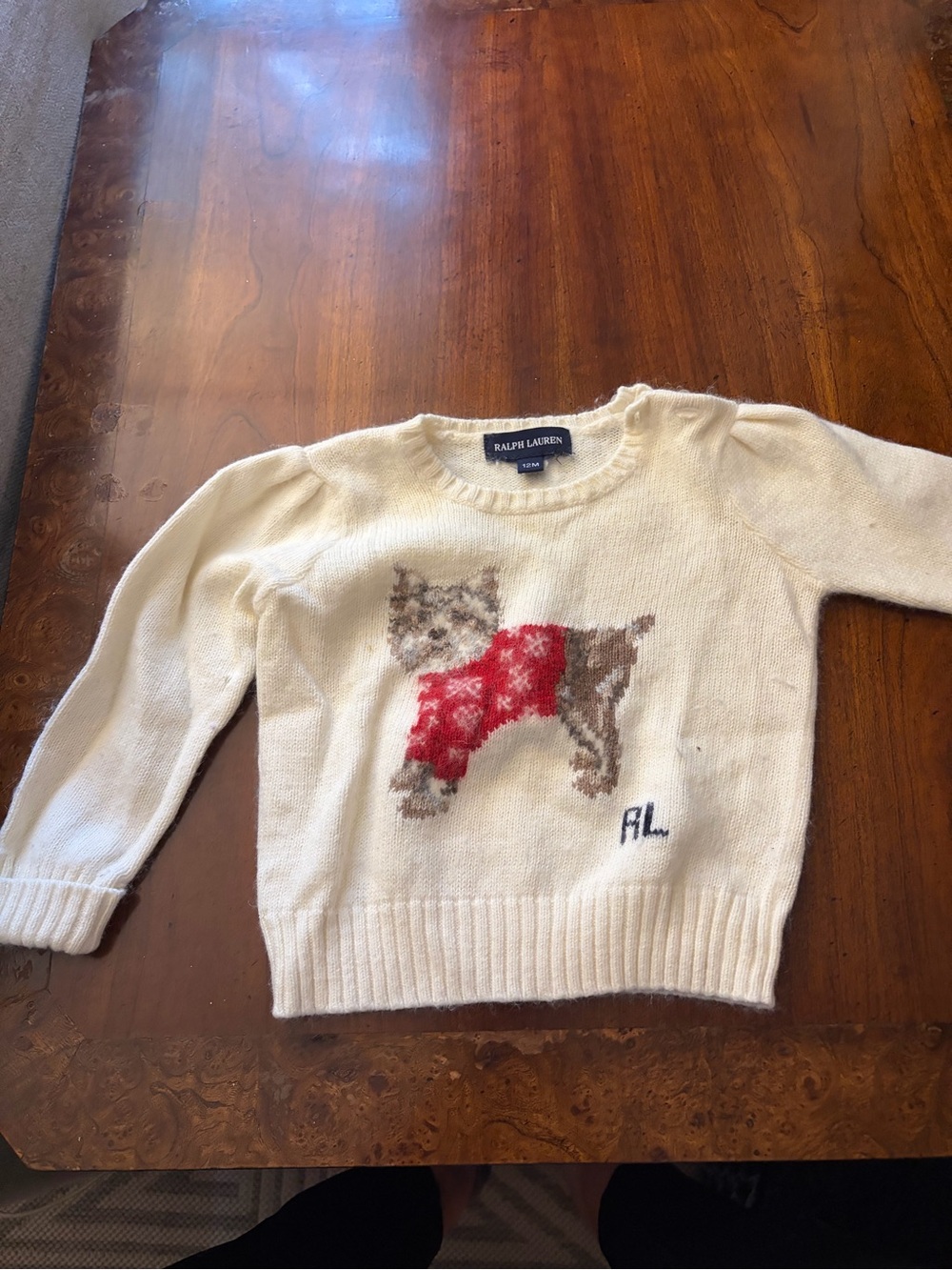 Ralph Lauren Cream Knit Sweater with Dog Motif in Red and Brown